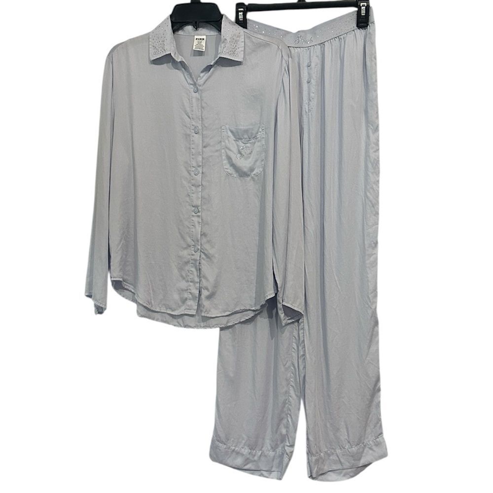 PINK Victoria’s Secret Silky Sleep Shine Long Pajama Set Hydrangea Blue Small